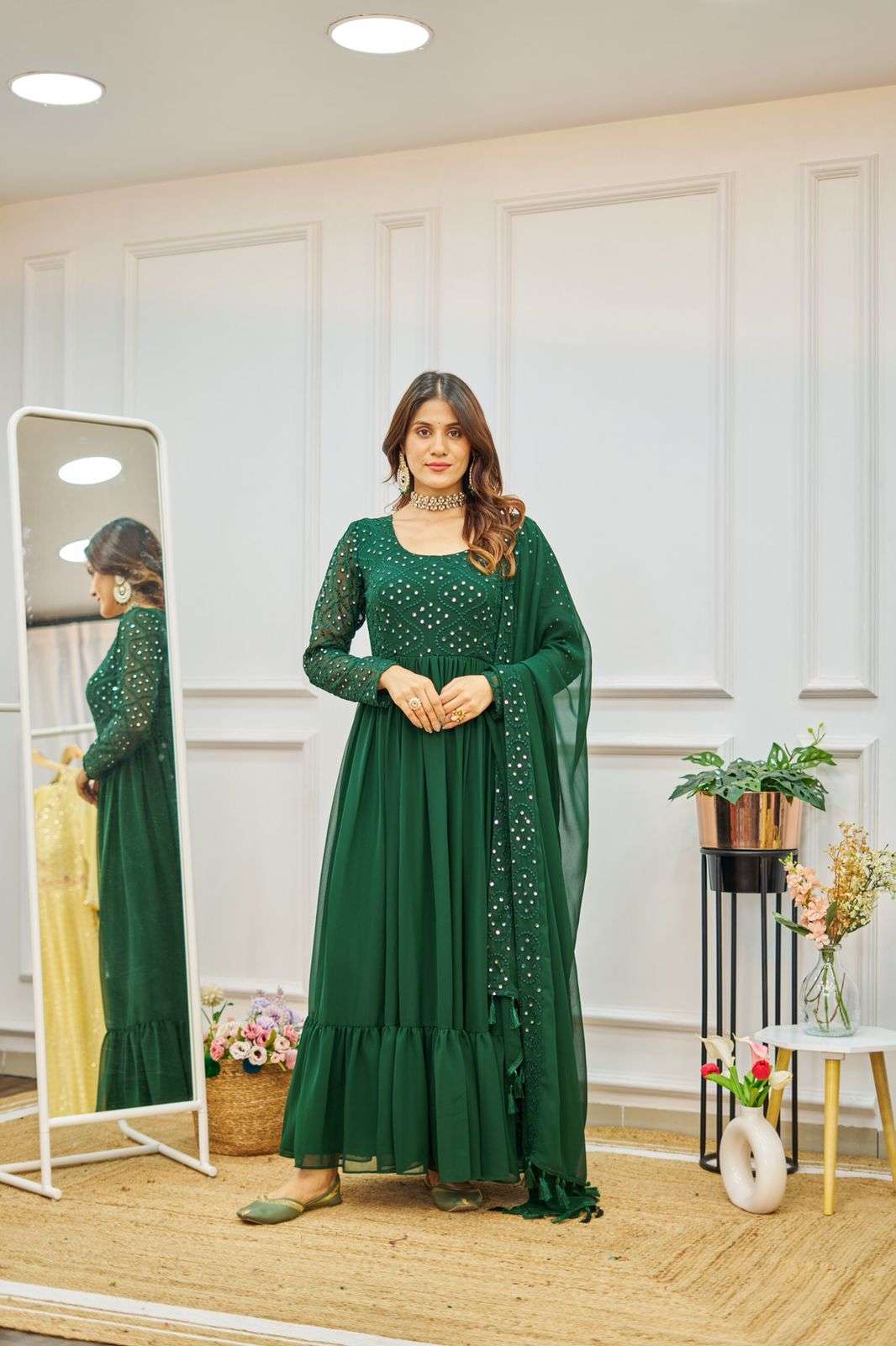 Georgette Fabric Green Color Festive Wear Embroidered Readymade Long A