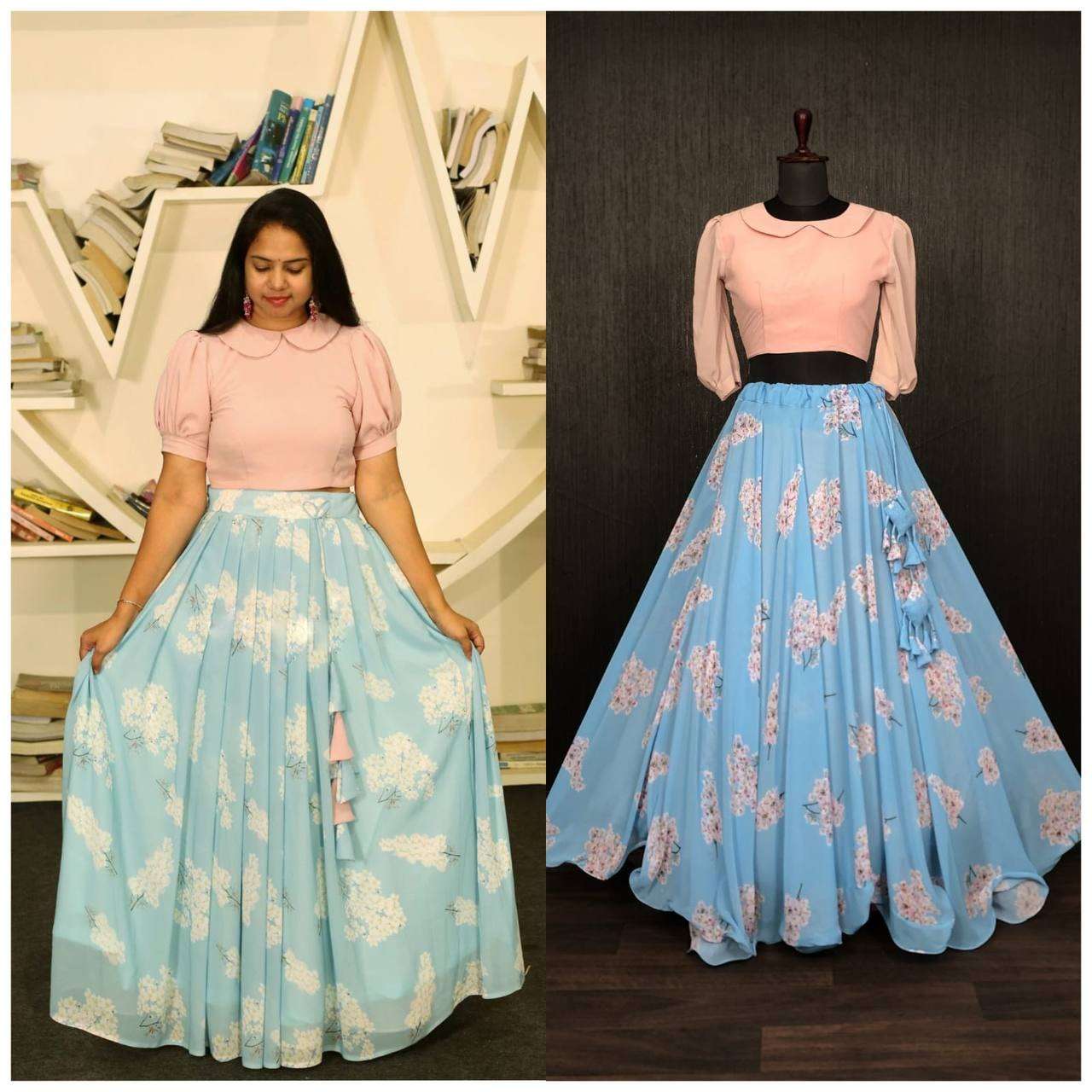 design number ka 5002 premium designer digital printed readymade crop top set bluepink croptop skirt faux georgette lehenga with richprint and stitch with wire picco work gives flaired functioned look