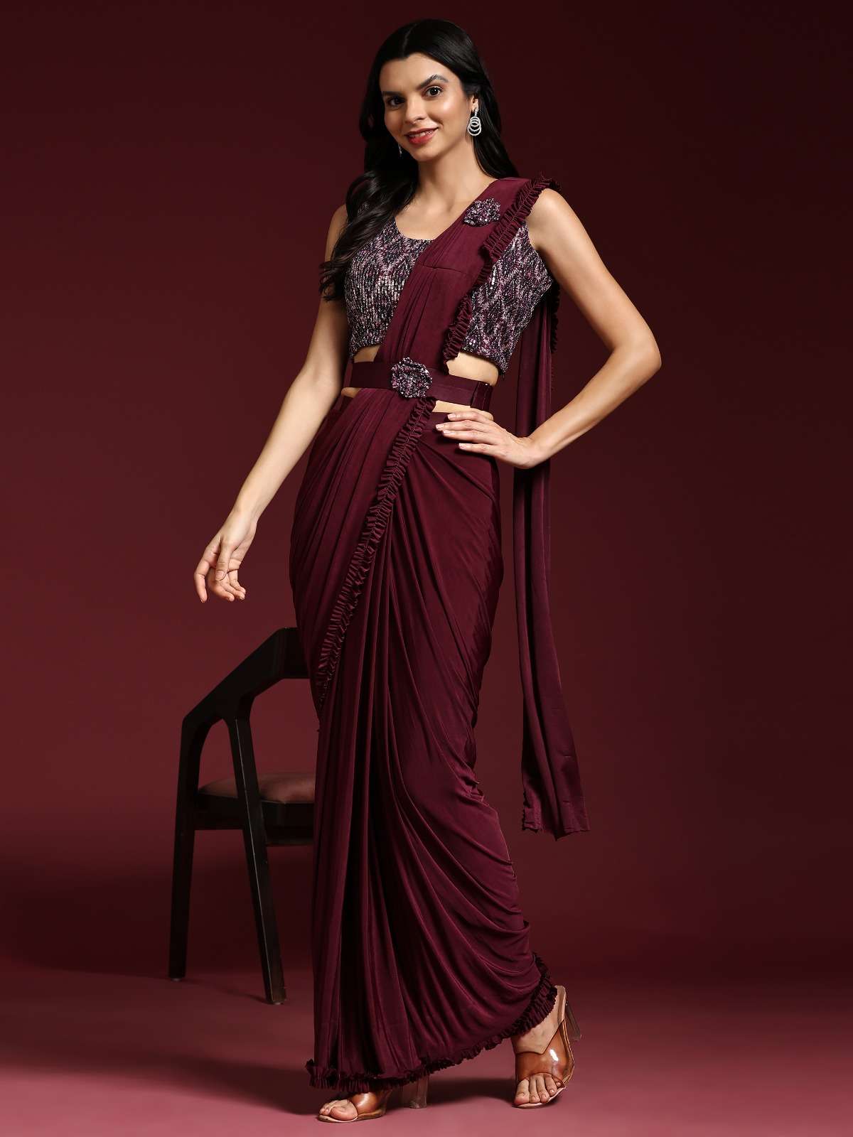 ready to wear saree ready to wear saree design no 101009 blouse exqusite  sequin work saree imported fabric with belt and border in little frill  designer partywear saree