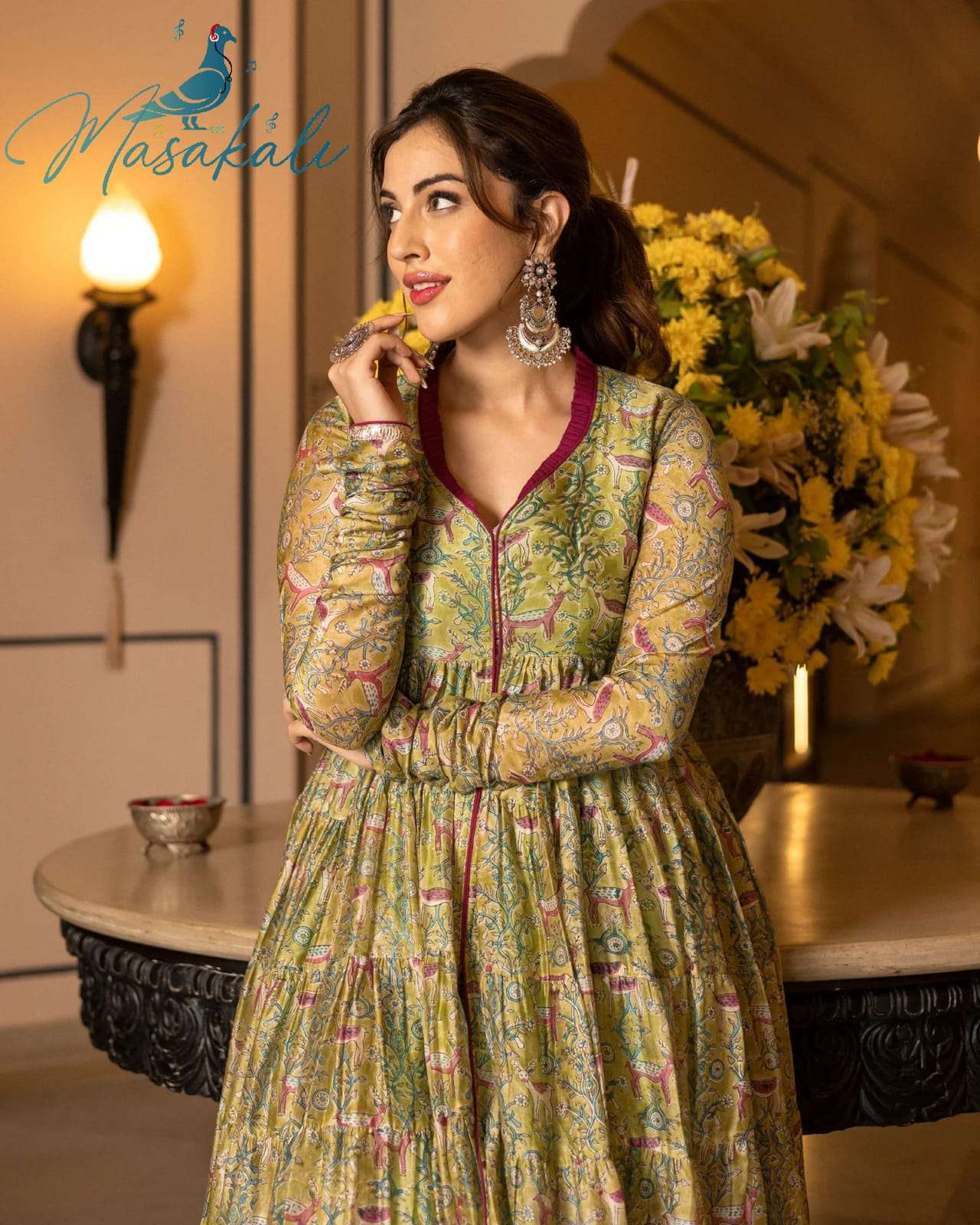 masakali vol 01 new printed stylish flaired kurtis collections three pis soft chanderi silk fabric work digital printed inner full inner in all designs