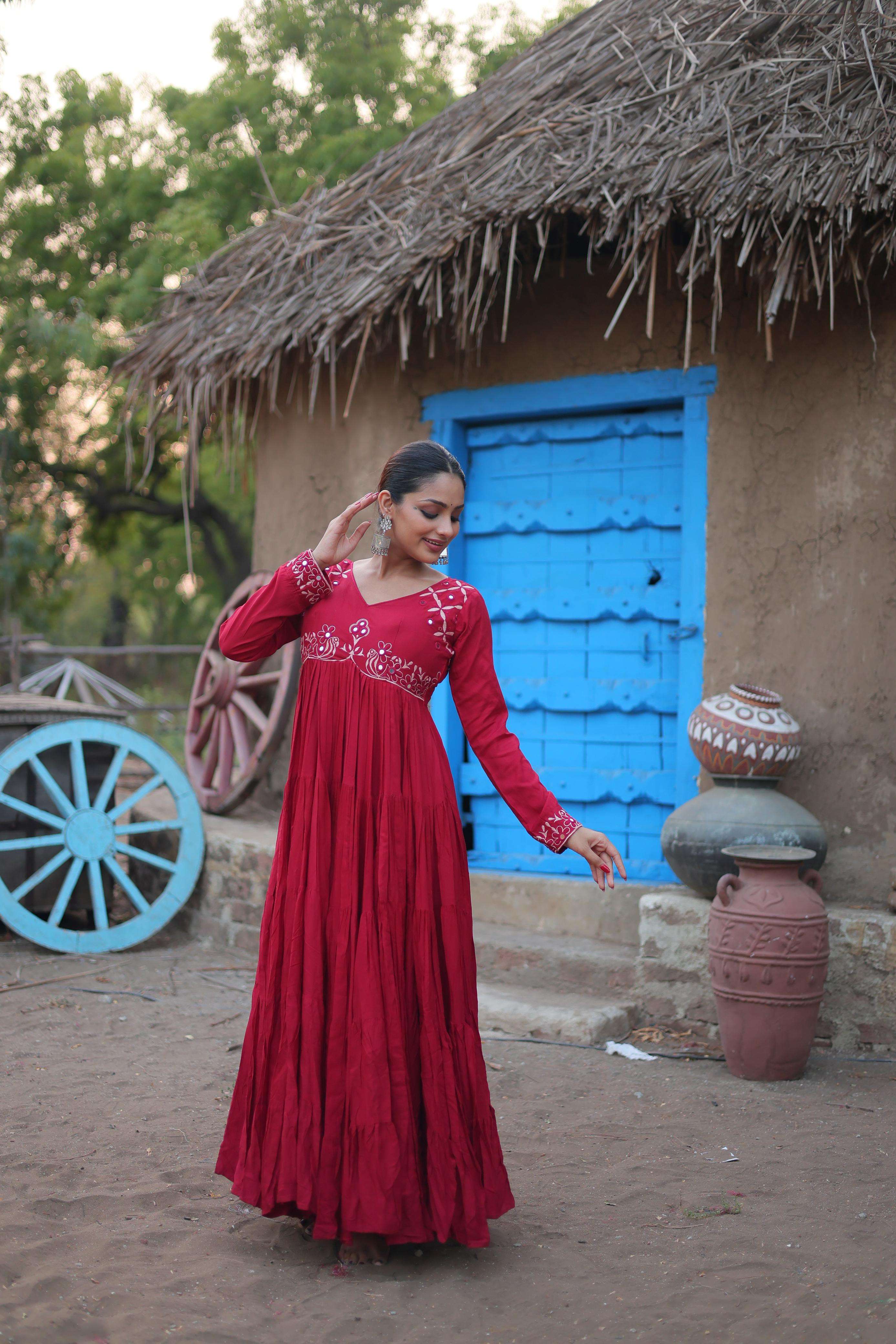 navratri collections 2024 gown love navratri 2024 code ka 1116 fabrics n work 14 kg reyon fabric with real mirror work size l size readymade navratri gown